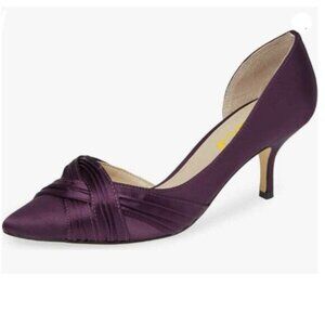 FSJ Women Low Kitten Heels Pointed Toe ,Pumps D'Orsay Pleated Satin Purple
